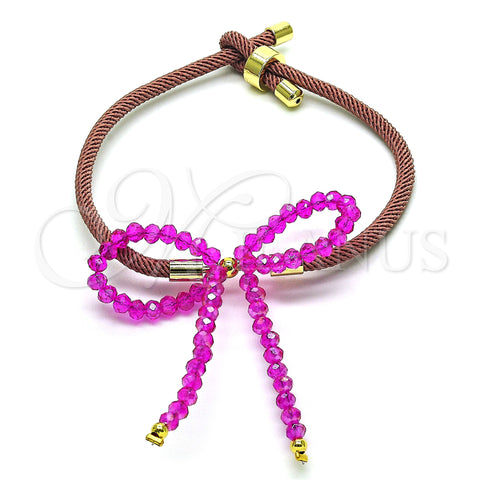 Oro Laminado Adjustable Bolo Bracelet, Gold Filled Style Bow Design, with Fuchsia Crystal, Purple Velvet, Golden Finish, 03.362.0028.07 (04 MM Thickness, 9 Inches Length)