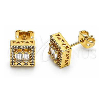 Oro Laminado Stud Earring, Gold Filled Style Baguette Design, with White Cubic Zirconia and White Micro Pave, Polished, Golden Finish, 02.342.0343