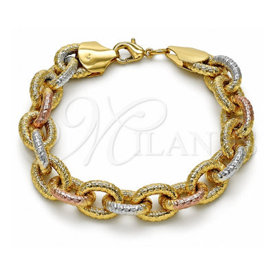 Oro Laminado Fancy Bracelet, Gold Filled Style Rolo Design, Diamond Cutting Finish, Tricolor, 03.331.0221.1.09 (13 MM Thickness, 9 Inches Length)