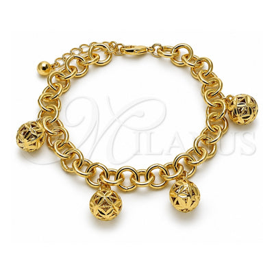 Oro Laminado Charm Bracelet, Gold Filled Style Ball and Rolo Design, Diamond Cutting Finish, Golden Finish, 03.331.0240.08 (10 MM Thickness, 8 Inches Length)