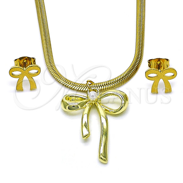 Oro Laminado Earring and Pendant Adult Set, Gold Filled Style Bow and Rat Tail Design, with Ivory Pearl, Polished, Golden Finish, 10.417.0005