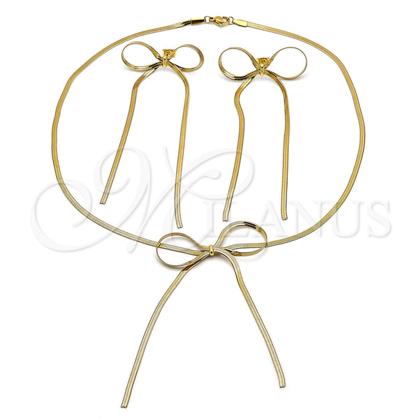Stainless Steel Necklace and Earring, Bow and Rat Tail Design, Diamond Cutting Finish, Golden Finish, 06.417.0003