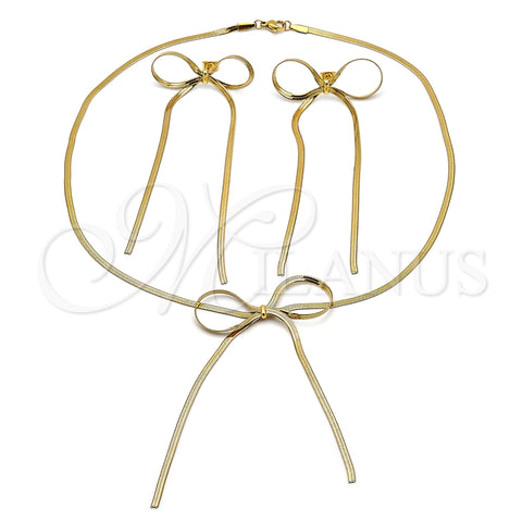 Stainless Steel Necklace and Earring, Bow and Rat Tail Design, Diamond Cutting Finish, Golden Finish, 06.417.0003
