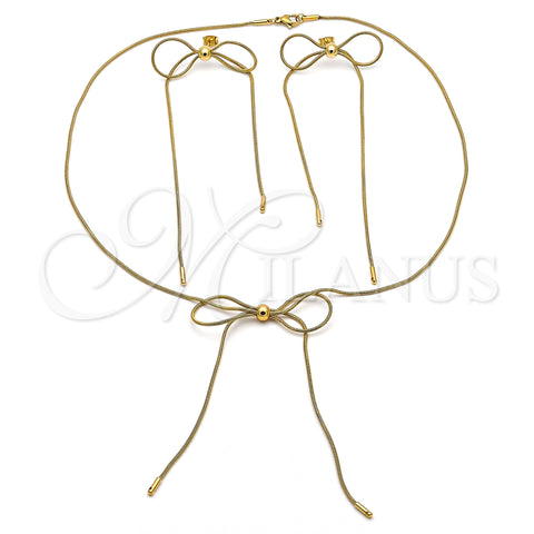 Stainless Steel Necklace and Earring, Bow and Rat Tail Design, Polished, Golden Finish, 06.417.0004