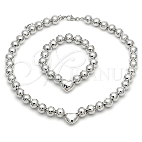 Rhodium Plated Necklace and Bracelet, Chunky and Heart Design, Polished, Rhodium Finish, 06.341.0010