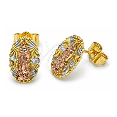 Oro Laminado Stud Earring, Gold Filled Style Guadalupe Design, Diamond Cutting Finish, Tricolor, 02.196.0132
