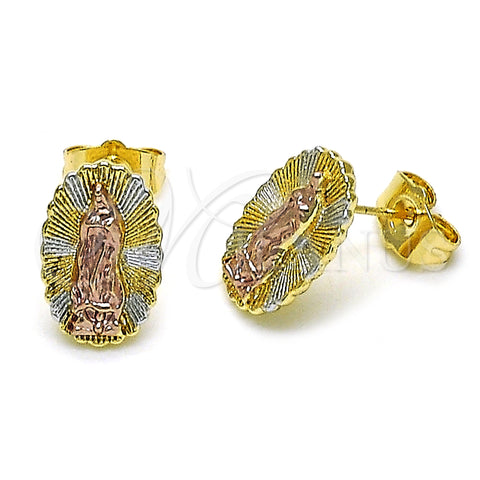 Oro Laminado Stud Earring, Gold Filled Style Guadalupe Design, Diamond Cutting Finish, Tricolor, 02.196.0132