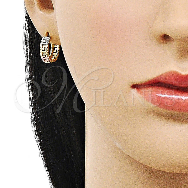 Gold Filled Hoop Earrings — Huggie Hoop Greek Key Design Polished Tricolor 02. — alternate product view — SKU 155603 | Oro Laminado aretes de aro — Huggie Hoop Greek Key diseño pulido Tricolor 02. — SKU 155603