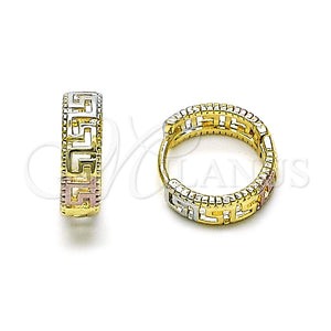 Gold Filled Hoop Earrings — Huggie Hoop Greek Key Design Polished Tricolor 02. — main product view — SKU 155603 | Oro Laminado aretes de aro — Huggie Hoop Greek Key diseño pulido Tricolor 02. — SKU 155603