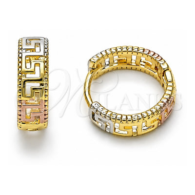 Oro Laminado Huggie Hoop, Gold Filled Style Greek Key Design, Polished, Tricolor, 02.196.0137.14
