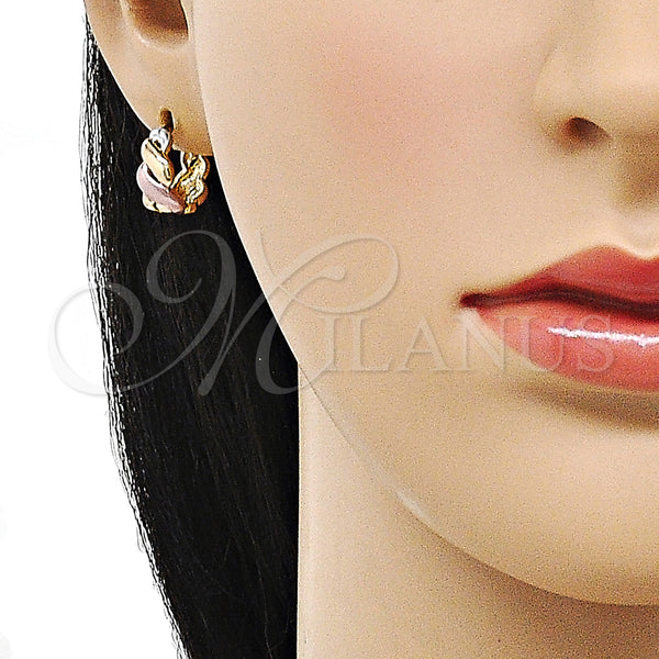 Gold Filled Hoop Earrings — Huggie Hoop Twist Design Polished Tricolor 02. — alternate product view — SKU 155604 | Oro Laminado aretes de aro — Huggie Hoop Twist diseño pulido Tricolor 02. — SKU 155604