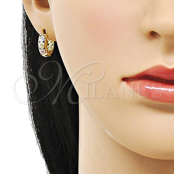 Gold Filled Hoop Earrings — Huggie Hoop Flower Design Polished Tricolor 02. — alternate product view — SKU 155609 | Oro Laminado aretes de aro — Huggie Hoop flor diseño pulido Tricolor 02. — SKU 155609