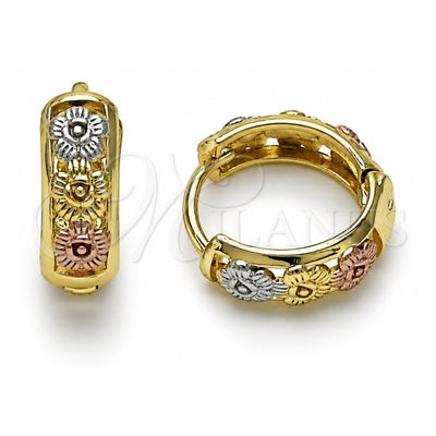 Oro Laminado Huggie Hoop, Gold Filled Style Flower Design, Polished, Tricolor, 02.196.0143.14