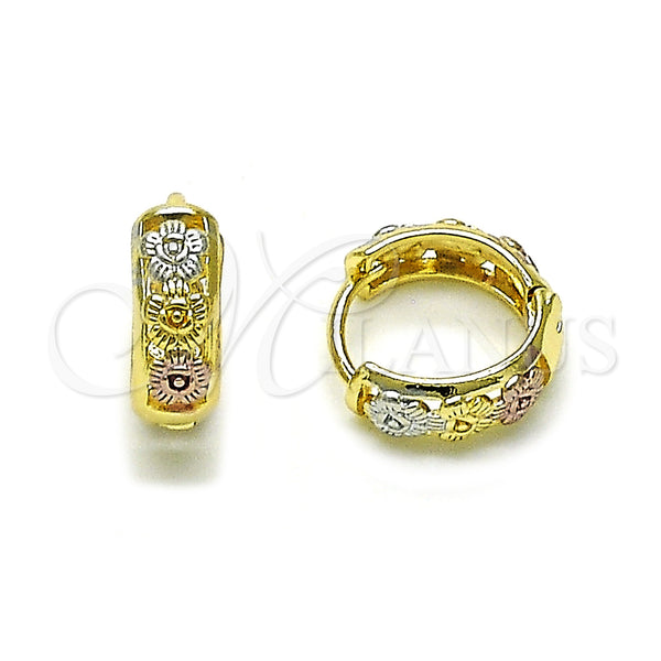 Gold Filled Hoop Earrings — Huggie Hoop Flower Design Polished Tricolor 02. — main product view — SKU 155609 | Oro Laminado aretes de aro — Huggie Hoop flor diseño pulido Tricolor 02. — SKU 155609