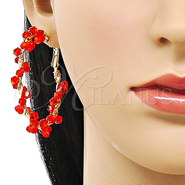 Gold Filled Hoop Earrings — Large Hoop Twist Design with Orange Red Crystal — alternate product view — SKU 155618 | Oro Laminado aretes de aro — Large Hoop Twist diseño with Orange Red cristal — SKU 155618
