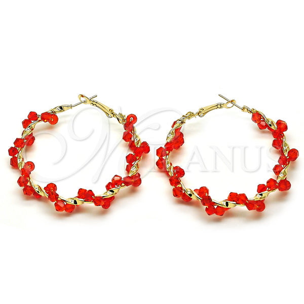 Gold Filled Hoop Earrings — Large Hoop Twist Design with Orange Red Crystal — main product view — SKU 155618 | Oro Laminado aretes de aro — Large Hoop Twist diseño with Orange Red cristal — SKU 155618