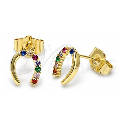 Oro Laminado Stud Earring, Gold Filled Style Horseshoe Design, with Multicolor Cubic Zirconia, Polished, Golden Finish, 02.196.0159