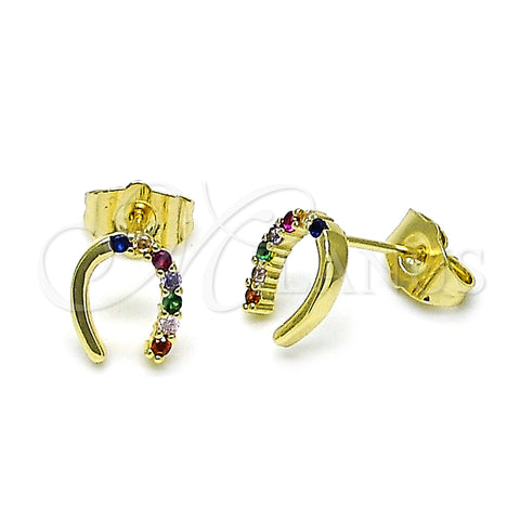 Oro Laminado Stud Earring, Gold Filled Style Horseshoe Design, with Multicolor Cubic Zirconia, Polished, Golden Finish, 02.196.0159