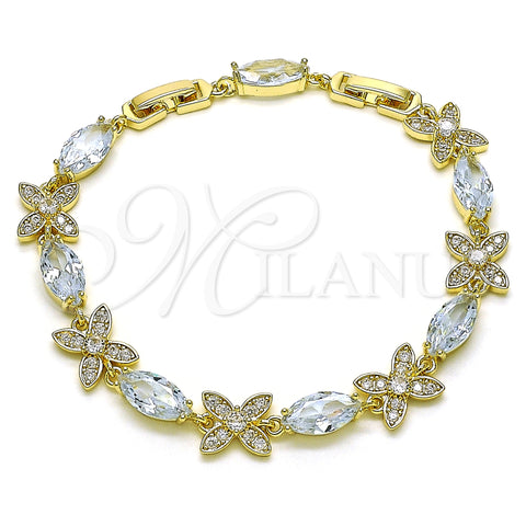 Oro Laminado Fancy Bracelet, Gold Filled Style Butterfly Design, with White Cubic Zirconia and White Micro Pave, Polished, Golden Finish, 03.196.0016.1.07 (09 MM Thickness, 7 Inches Length)