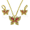 Oro Laminado Earring and Pendant Adult Set, Gold Filled Style Butterfly Design, with Ruby and White Cubic Zirconia, Polished, Golden Finish, 10.196.0155