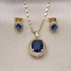 Oro Laminado Earring and Pendant Adult Set, Gold Filled Style Cluster Design, with Sapphire Blue Cubic Zirconia, Polished, Golden Finish, 10.196.0158