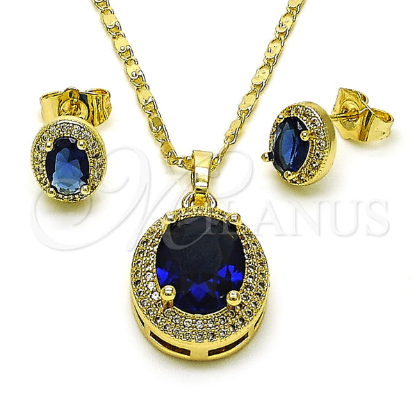 Oro Laminado Earring and Pendant Adult Set, Gold Filled Style Cluster Design, with Sapphire Blue Cubic Zirconia, Polished, Golden Finish, 10.196.0158