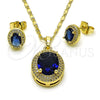 Oro Laminado Earring and Pendant Adult Set, Gold Filled Style Cluster Design, with Sapphire Blue Cubic Zirconia, Polished, Golden Finish, 10.196.0158