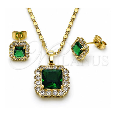 Oro Laminado Earring and Pendant Adult Set, Gold Filled Style Cluster Design, with Green Cubic Zirconia and White Micro Pave, Polished, Golden Finish, 10.196.0088.2