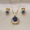 Oro Laminado Earring and Pendant Adult Set, Gold Filled Style Teardrop and Cluster Design, with Sapphire Blue Cubic Zirconia and White Micro Pave, Polished, Golden Finish, 10.196.0159