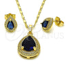 Oro Laminado Earring and Pendant Adult Set, Gold Filled Style Teardrop and Cluster Design, with Sapphire Blue Cubic Zirconia and White Micro Pave, Polished, Golden Finish, 10.196.0159