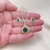 Oro Laminado Earring and Pendant Adult Set, Gold Filled Style Teardrop and Cluster Design, with Green Cubic Zirconia and White Micro Pave, Polished, Golden Finish, 10.196.0159.1