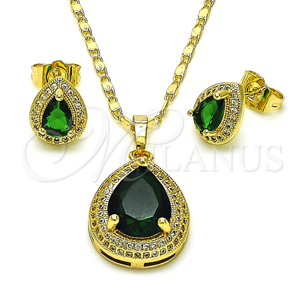 Oro Laminado Earring and Pendant Adult Set, Gold Filled Style Teardrop and Cluster Design, with Green Cubic Zirconia and White Micro Pave, Polished, Golden Finish, 10.196.0159.1