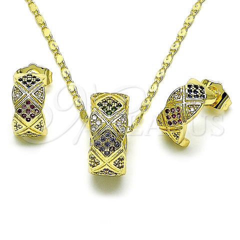 Oro Laminado Earring and Pendant Adult Set, Gold Filled Style with Multicolor Micro Pave, Polished, Golden Finish, 10.196.0160