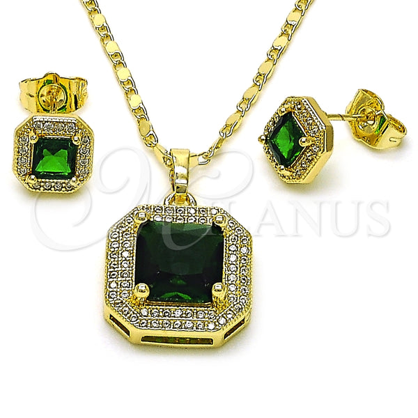 Oro Laminado Earring and Pendant Adult Set, Gold Filled Style Cluster Design, with Green Cubic Zirconia and White Micro Pave, Polished, Golden Finish, 10.196.0161.1