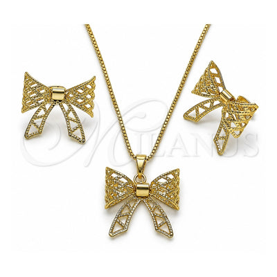 Oro Laminado Earring and Pendant Adult Set, Gold Filled Style Bow and Filigree Design, Diamond Cutting Finish, Golden Finish, 10.341.0006