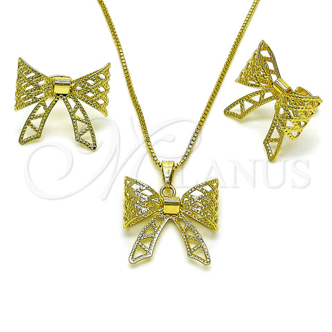 Oro Laminado Earring and Pendant Adult Set, Gold Filled Style Bow and Filigree Design, Diamond Cutting Finish, Golden Finish, 10.341.0006