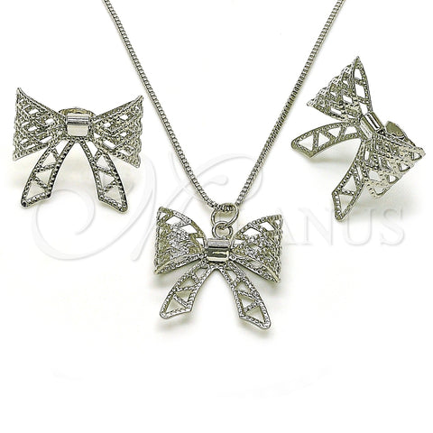 Rhodium Plated Earring and Pendant Adult Set, Bow and Filigree Design, Diamond Cutting Finish, Rhodium Finish, 10.341.0006.1