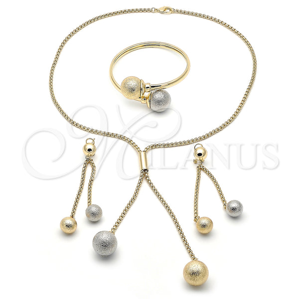 Oro Laminado Necklace, Bracelet and Earring, Gold Filled Style Ball and Long Box Design, Matte Finish, Two Tone, 06.372.0070