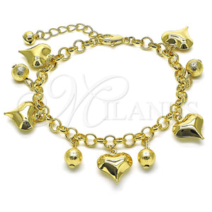 Gold Filled Bracelet — Charm Bracelet Heart and Ball Design Polished 03. — main product view — SKU 155699 | Oro Laminado brazalete — Charm Bracelet corazón and Ball diseño pulido 03. — SKU 155699