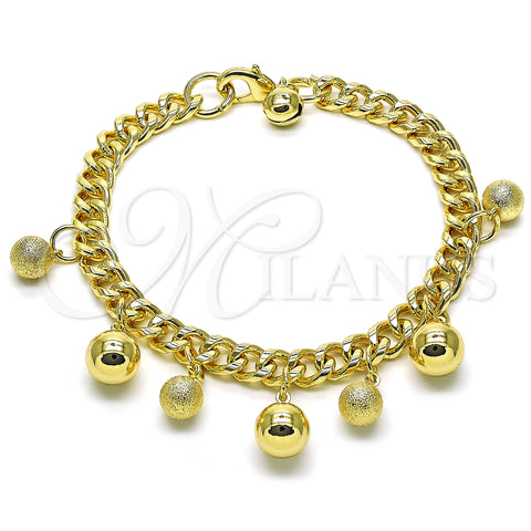 Oro Laminado Charm Bracelet, Gold Filled Style Ball and Miami Cuban Design, Polished, Golden Finish, 03.331.0256.09 (07 MM Thickness, 9 Inches Length)