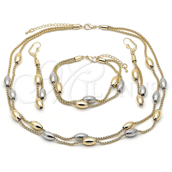 Oro Laminado Necklace, Bracelet and Earring, Gold Filled Style Box and Ball Design, Matte Finish, Two Tone, 06.372.0072