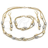 Oro Laminado Necklace, Bracelet and Earring, Gold Filled Style Box and Ball Design, Matte Finish, Two Tone, 06.372.0072