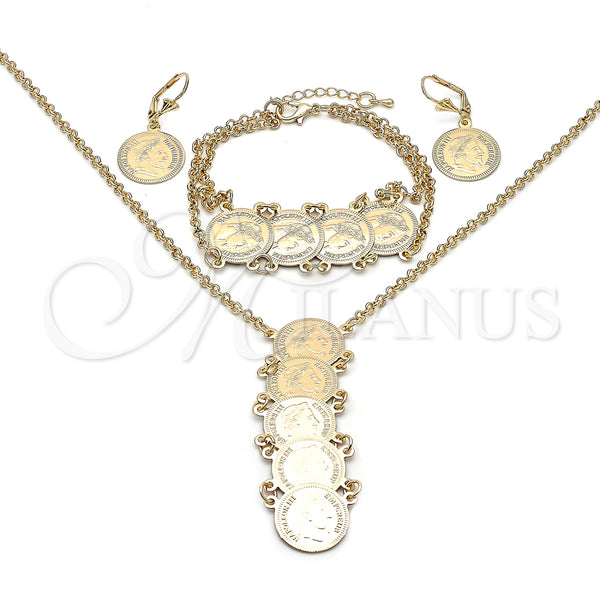 Oro Laminado Necklace, Bracelet and Earring, Gold Filled Style Rolo and Coin Design, Polished, Golden Finish, 06.372.0074