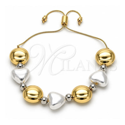 Oro Laminado Adjustable Bolo Bracelet, Gold Filled Style Heart and Ball Design, with Ivory Pearl, Polished, Two Tone, 03.341.0227.11 (01 MM Thickness, 11 Inches Length)