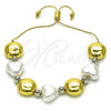 Oro Laminado Adjustable Bolo Bracelet, Gold Filled Style Heart and Ball Design, with Ivory Pearl, Polished, Two Tone, 03.341.0227.11 (01 MM Thickness, 11 Inches Length)