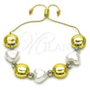 Oro Laminado Adjustable Bolo Bracelet, Gold Filled Style Heart and Ball Design, with Ivory Pearl, Polished, Two Tone, 03.341.0227.11 (01 MM Thickness, 11 Inches Length)