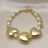 Oro Laminado Fancy Bracelet, Gold Filled Style Heart and Ball Design, with Ivory Pearl, Polished, Golden Finish, 03.341.2281.07 (06 MM Thickness, 7 Inches Length)
