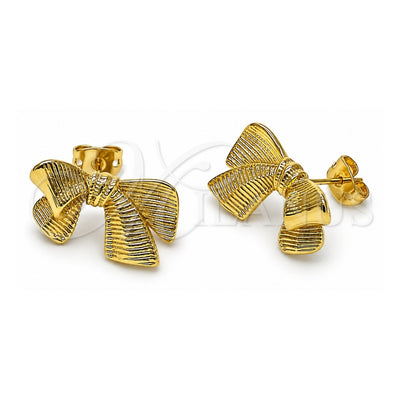 Oro Laminado Stud Earring, Gold Filled Style Bow Design, Diamond Cutting Finish, Golden Finish, 02.341.0203
