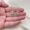 Oro Laminado Stud Earring, Gold Filled Style Guadalupe and Heart Design, with White Cubic Zirconia, Polished, Golden Finish, 02.210.0843