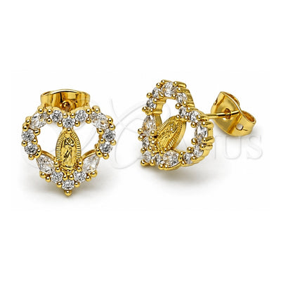 Oro Laminado Stud Earring, Gold Filled Style Guadalupe and Heart Design, with White Cubic Zirconia, Polished, Golden Finish, 02.210.0843